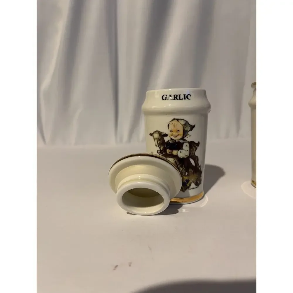 Vintage M.J. Hummel Onion & Garlic Porcelain Spice Jars Gold Trim Set of 2